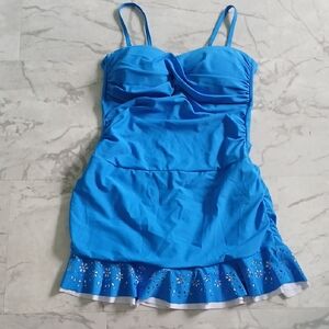 Holipick Blue Ruched Criss Cross Bodice Swimdress